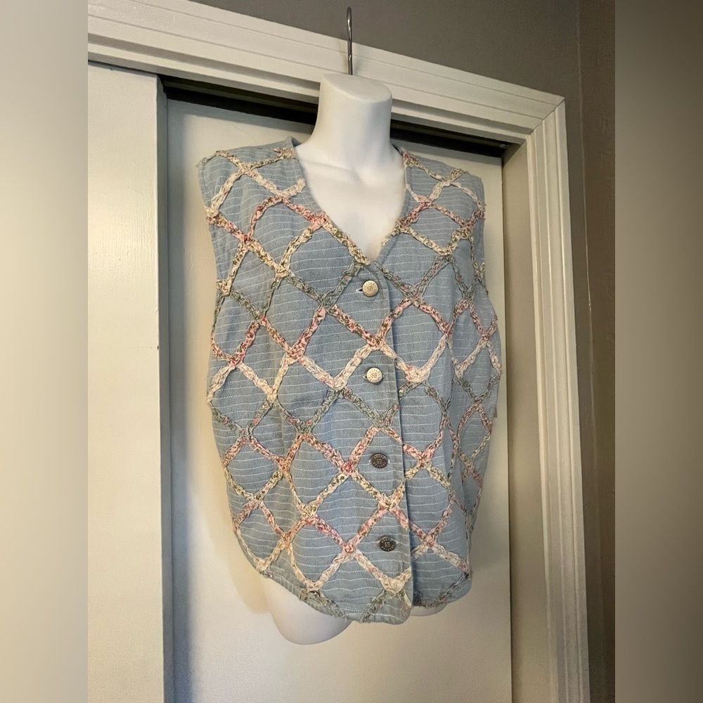 Vintage Light Blue Crochet-Detail Quilted Vest - Picture 4 of 11